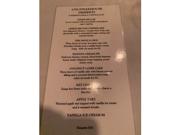 1776 Steakhouse menu photo