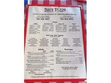 Bill's Pizza menu photo