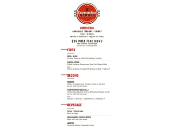 Camacho Garage menu photo